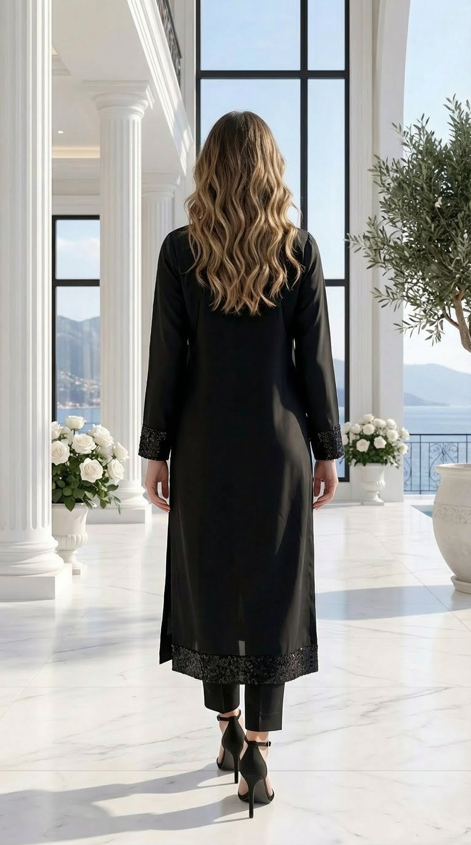 Woman in a black dress standing in a bright room with large windows and decorative plants.