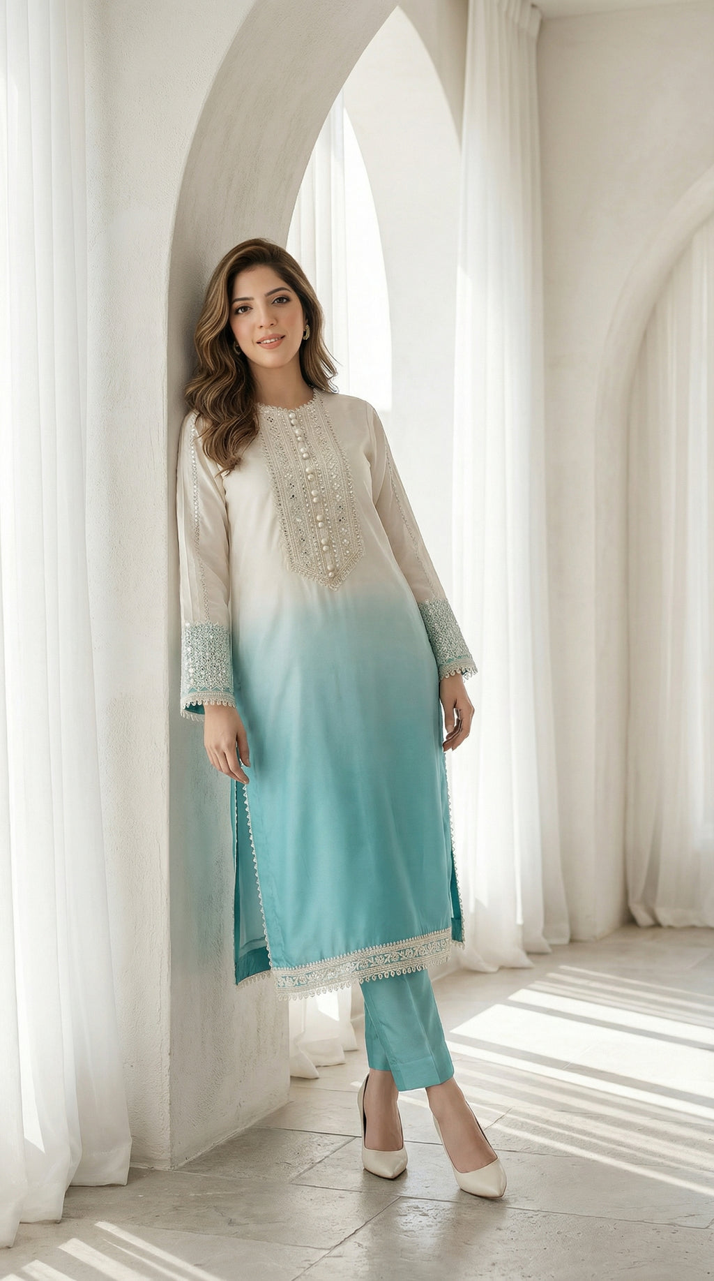 Front view of aqua ombre kurta and straight pants in premium breathable fabric