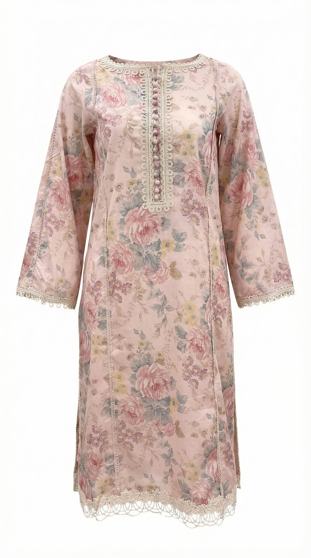 Floral patterned dress with lace details on a white background