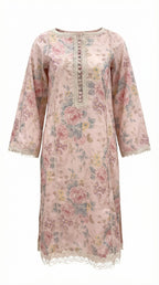 Floral patterned dress with lace details on a white background