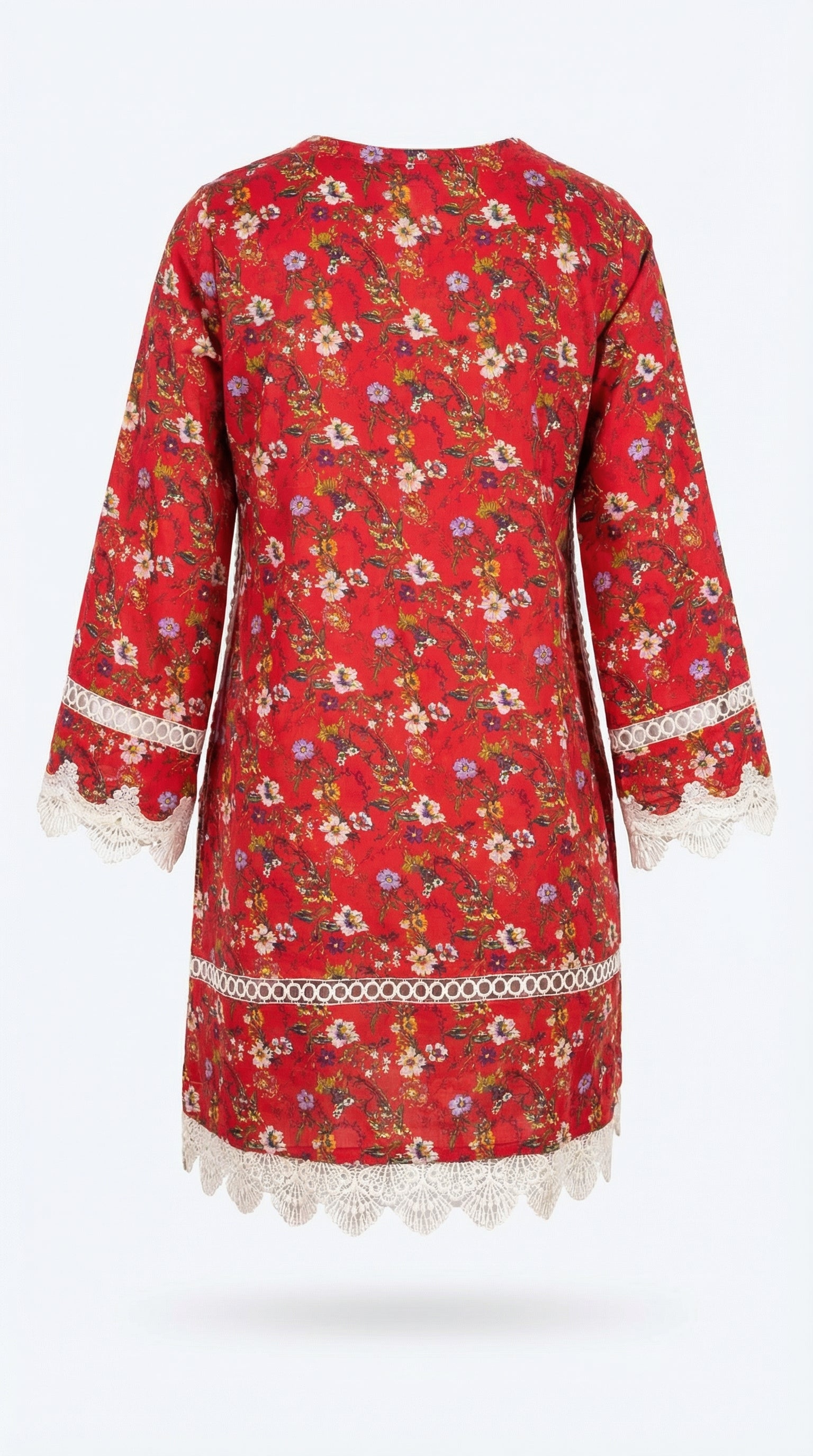 Red floral dress with lace details on a white background