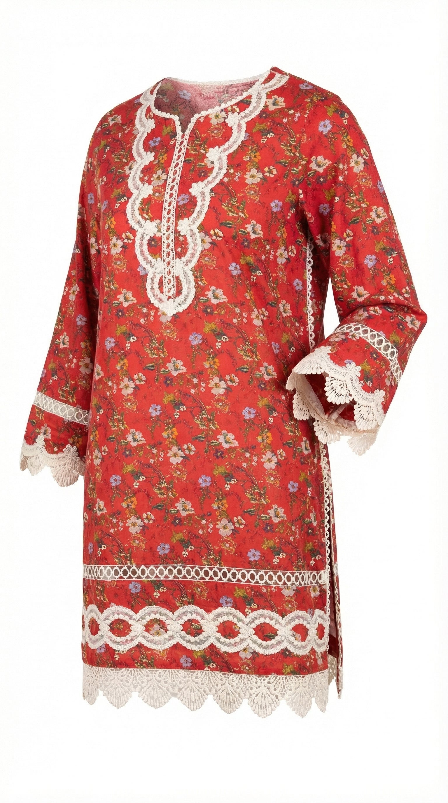 Red floral dress with white lace details on a white background
