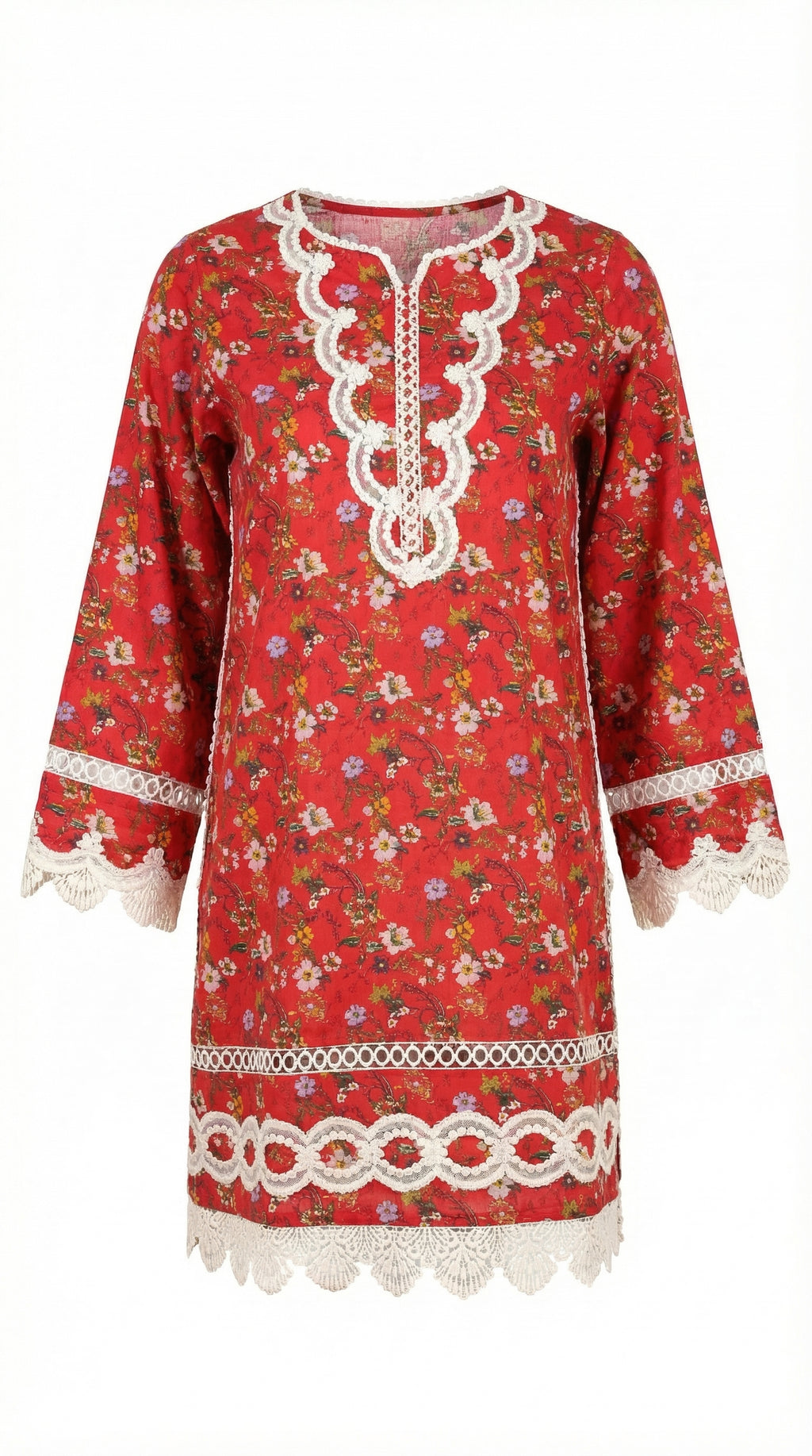 Red floral dress with white lace details on a white background