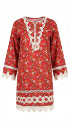 Red floral dress with white lace details on a white background