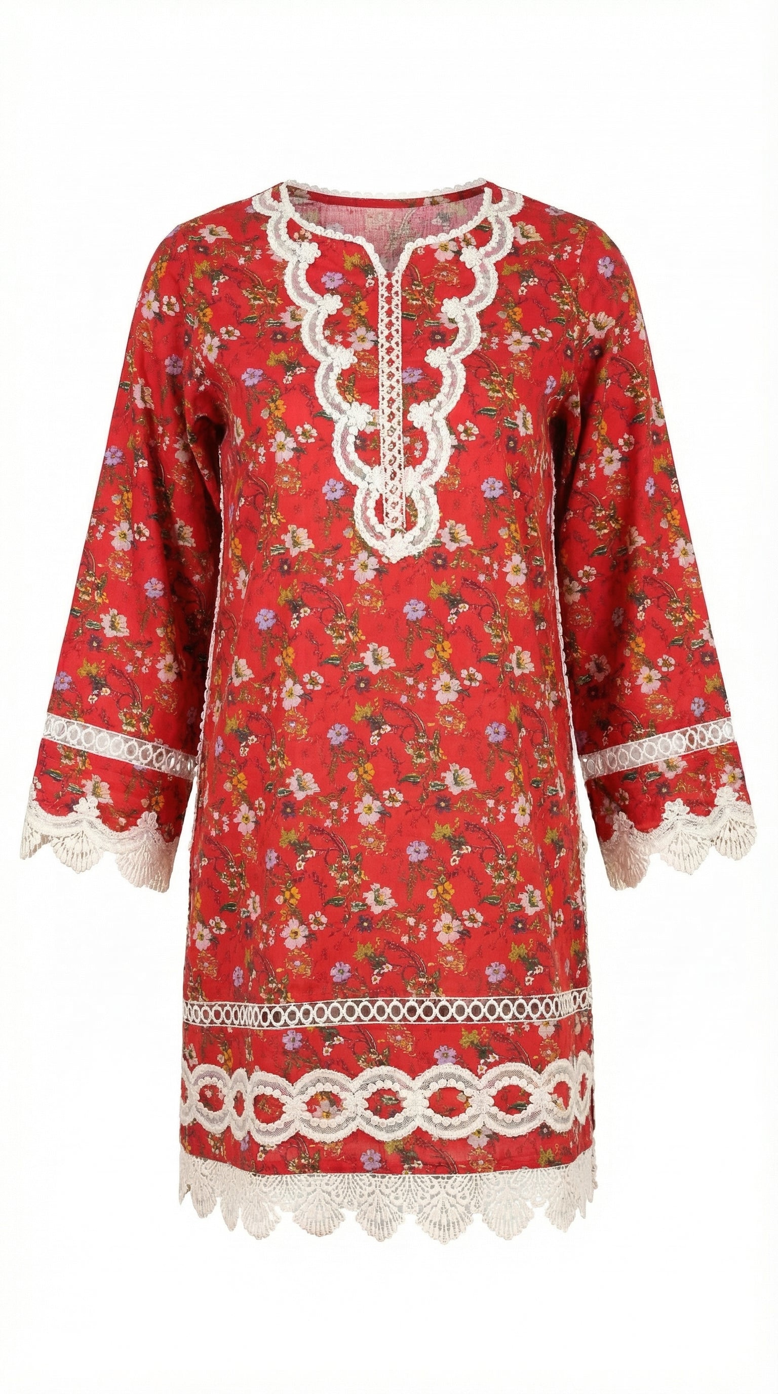 Red floral dress with white lace details on a white background
