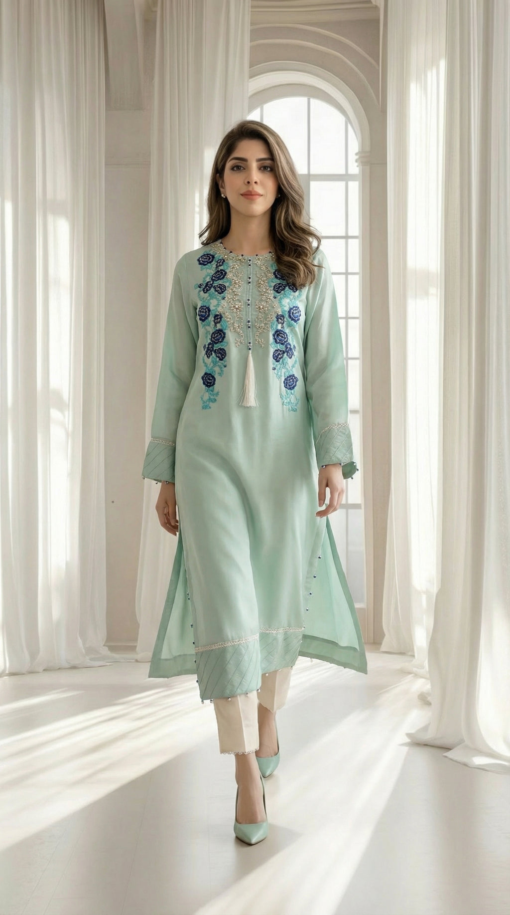 Mint green embroidered silk kurta for women