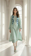 Mint green embroidered silk kurta for women