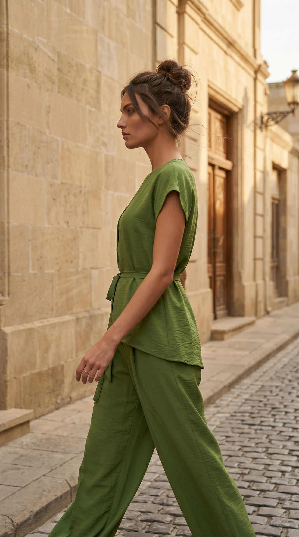 Woman in a green outfit walking on a cobblestone street.