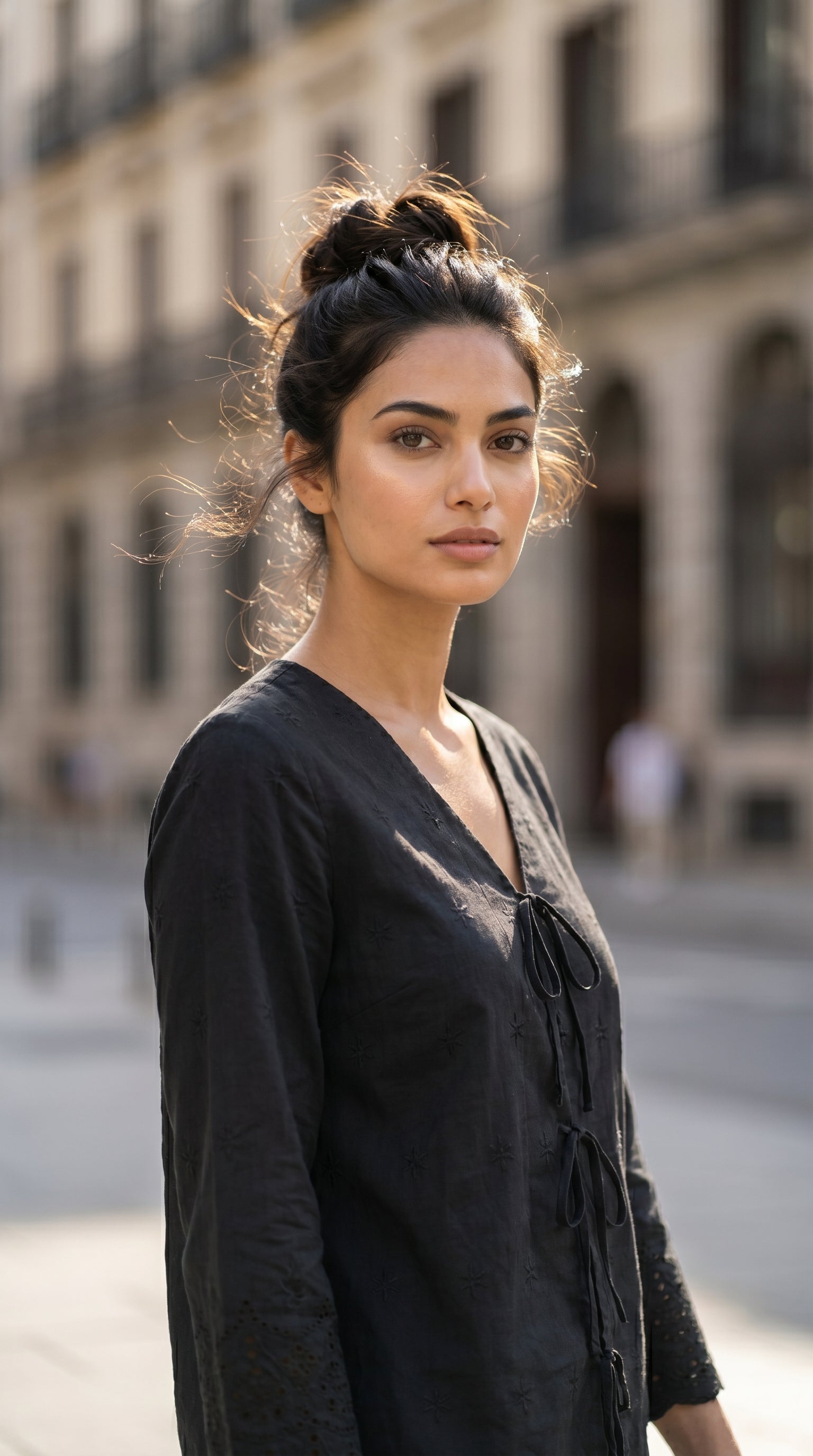 Woman in a black outfit standing on a street with a blurred building background