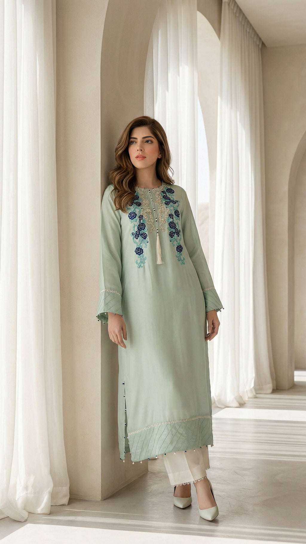 Pakistani designer kurta with floral embroider eid collection