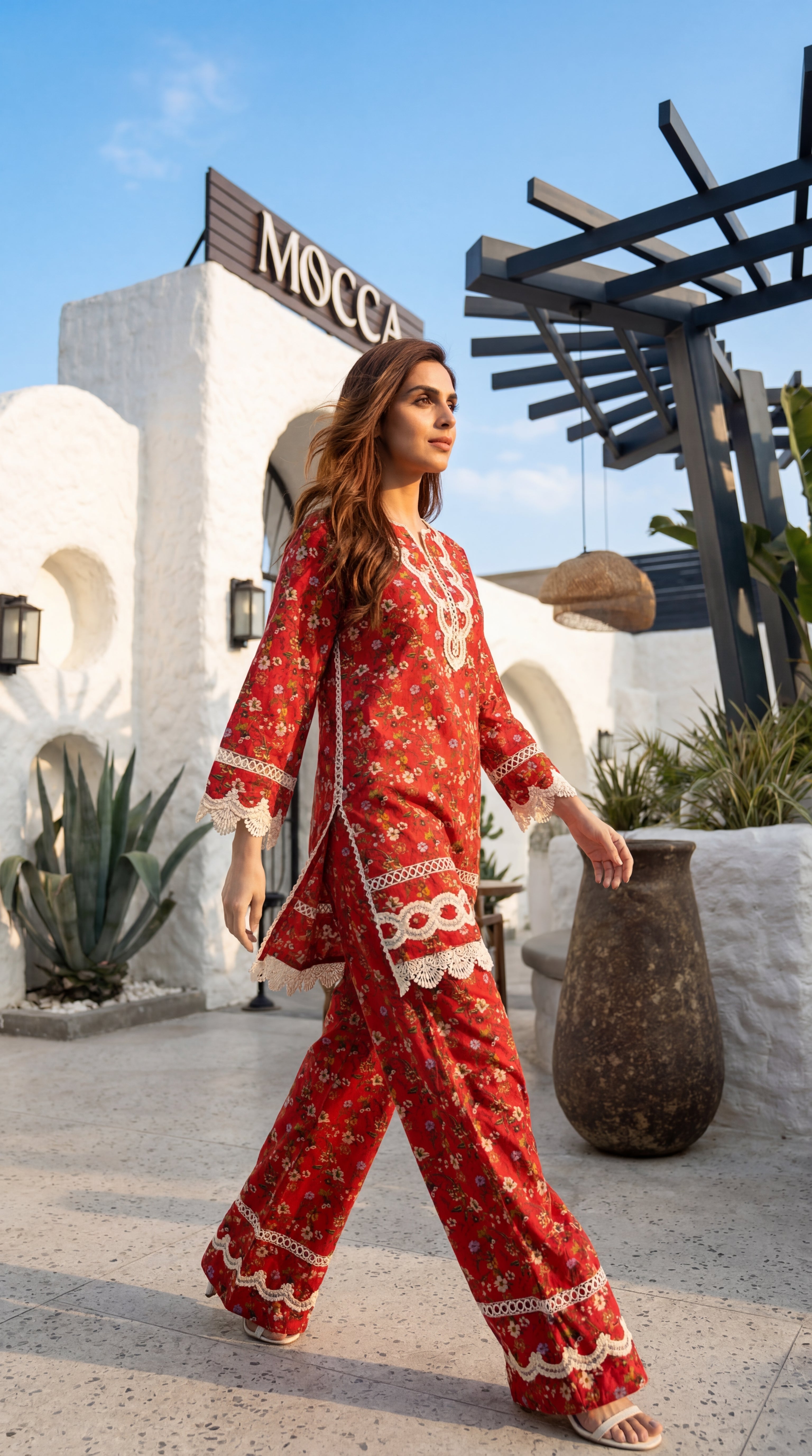 Woman in a red patterned outfit walking outdoors with a building and plants in the background.