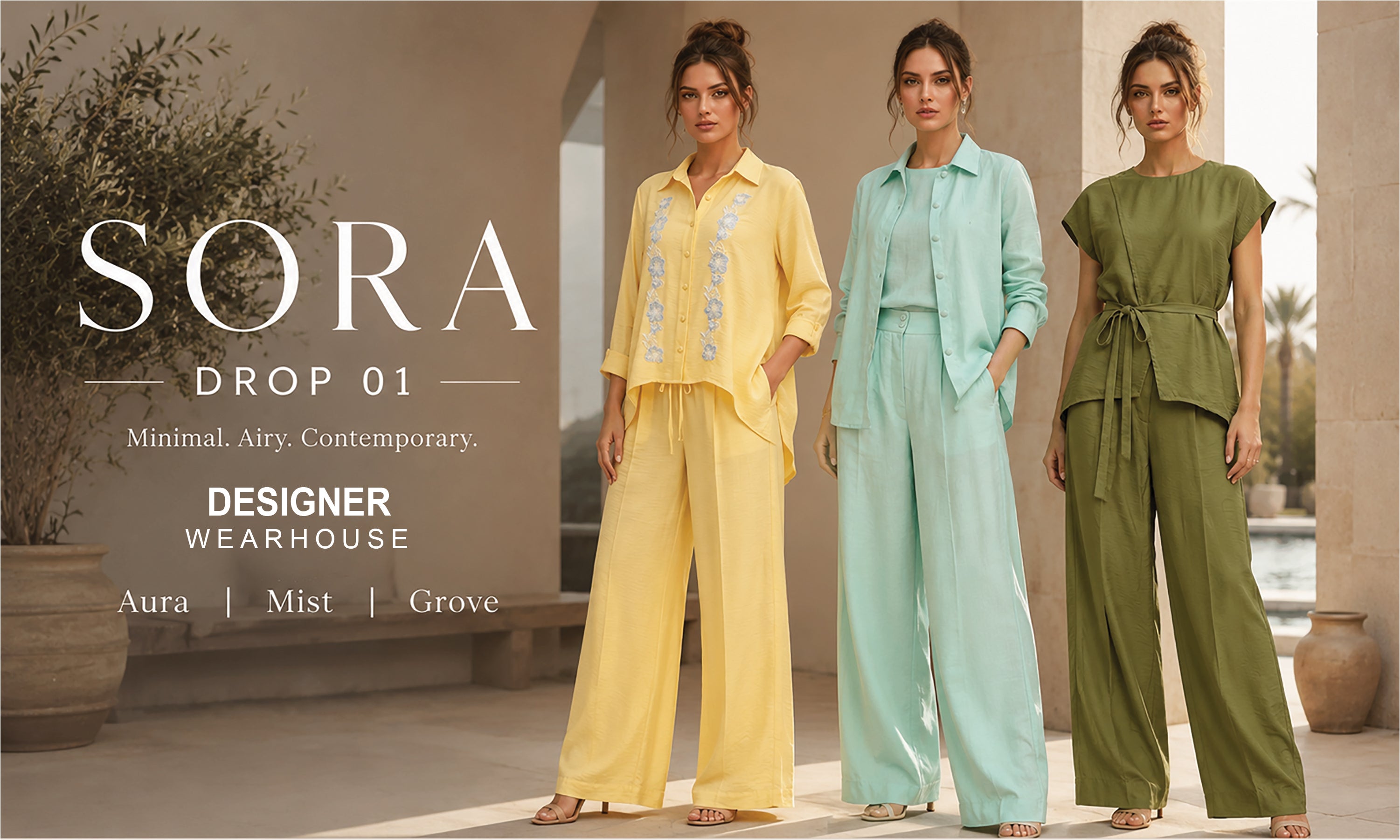 Three women wearing Sora clothing in yellow, green, and blue standing outdoors.