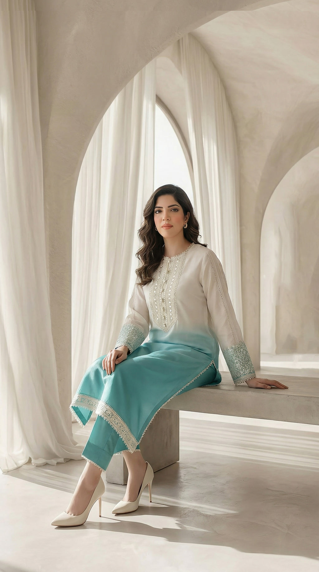 Luxury women’s embroidered ombre kurta set with soft pastel color gradient.