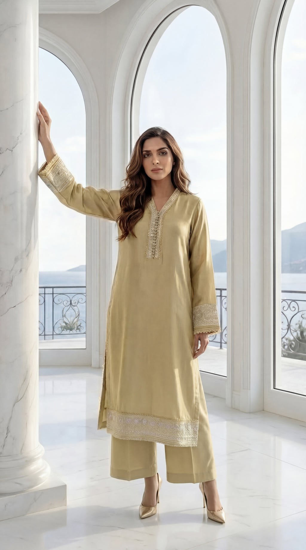 Woman in a light green traditional outfit standing in a bright, elegant room with large windows.