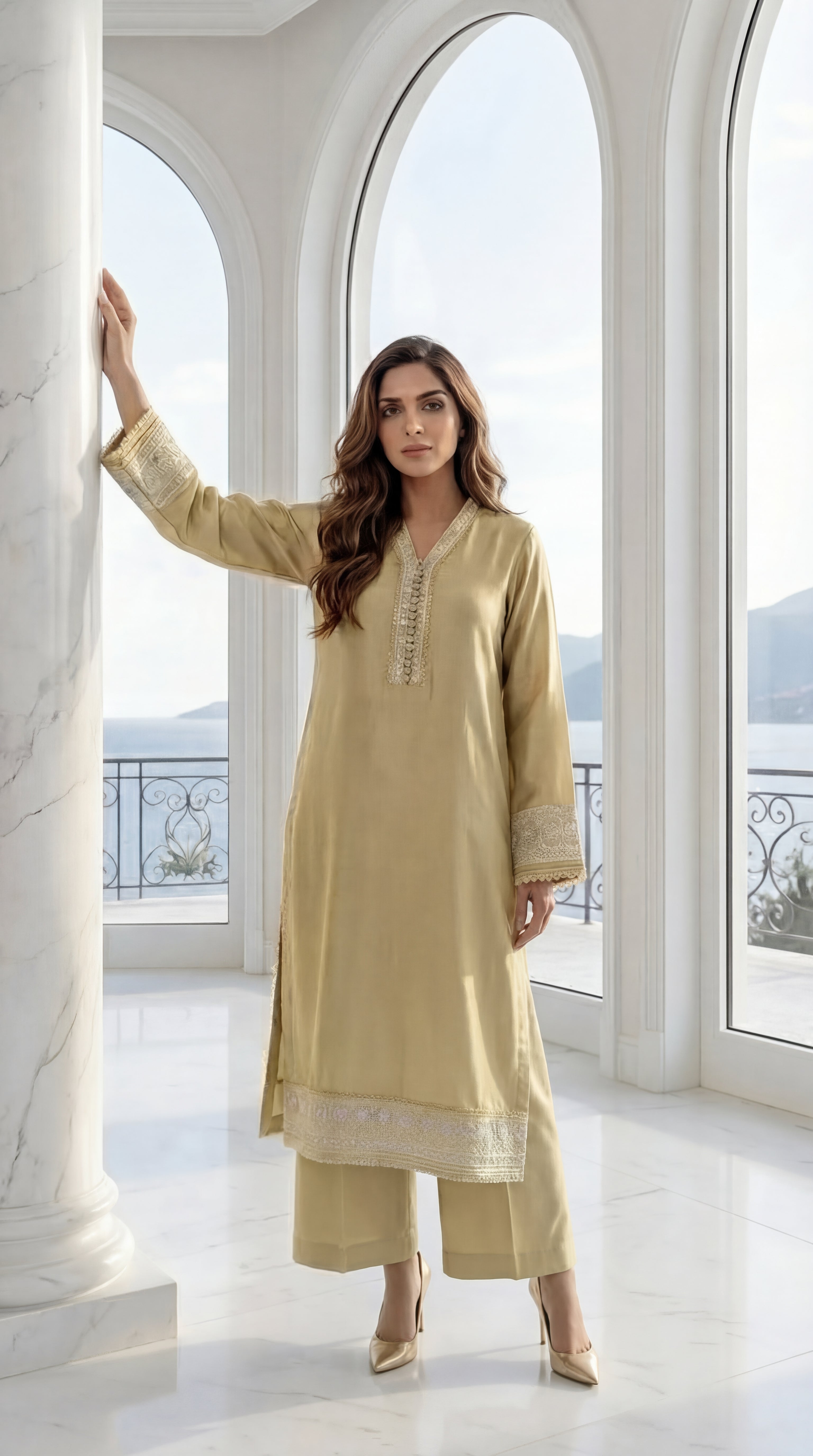 Woman in a light green traditional outfit standing in a bright, elegant room with large windows.