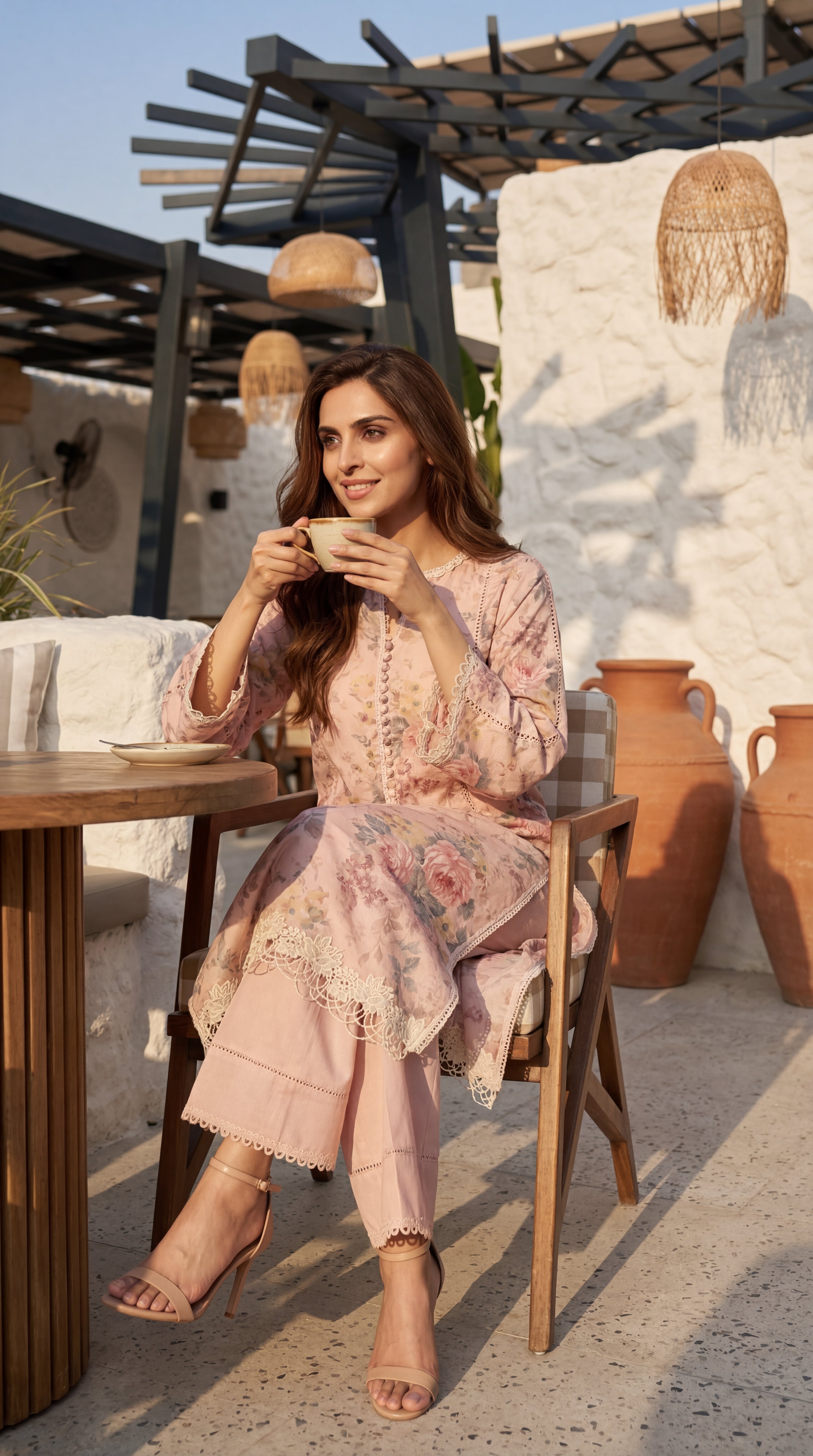 Woman in a pink dress sitting at an outdoor cafe, holding a cup.