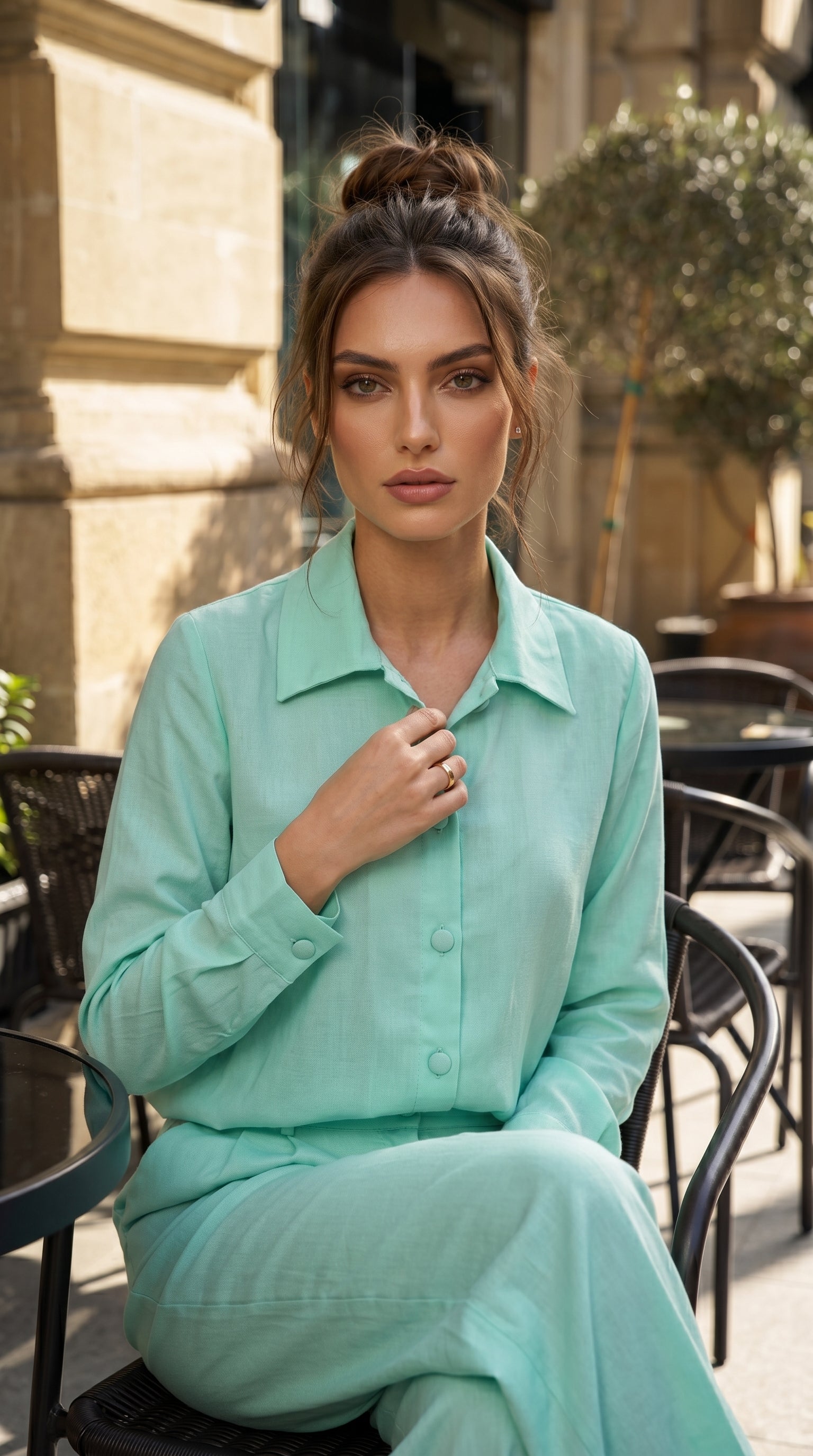 Woman in a mint green outfit sitting outdoors with a blurred background