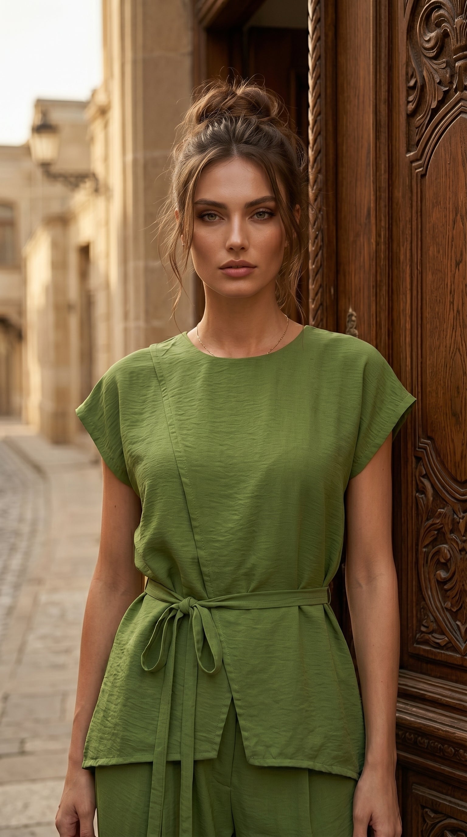 Woman wearing a green outfit standing in front of a wooden door.