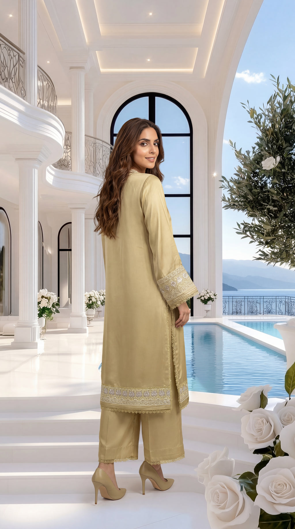 Woman in a light green traditional outfit standing by a pool with a scenic background