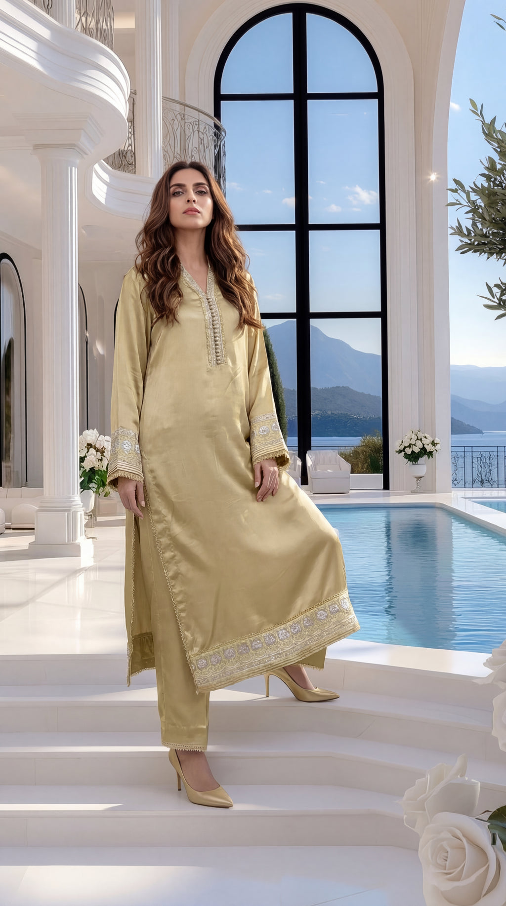 Woman in a light green traditional outfit standing on a staircase with a scenic background.