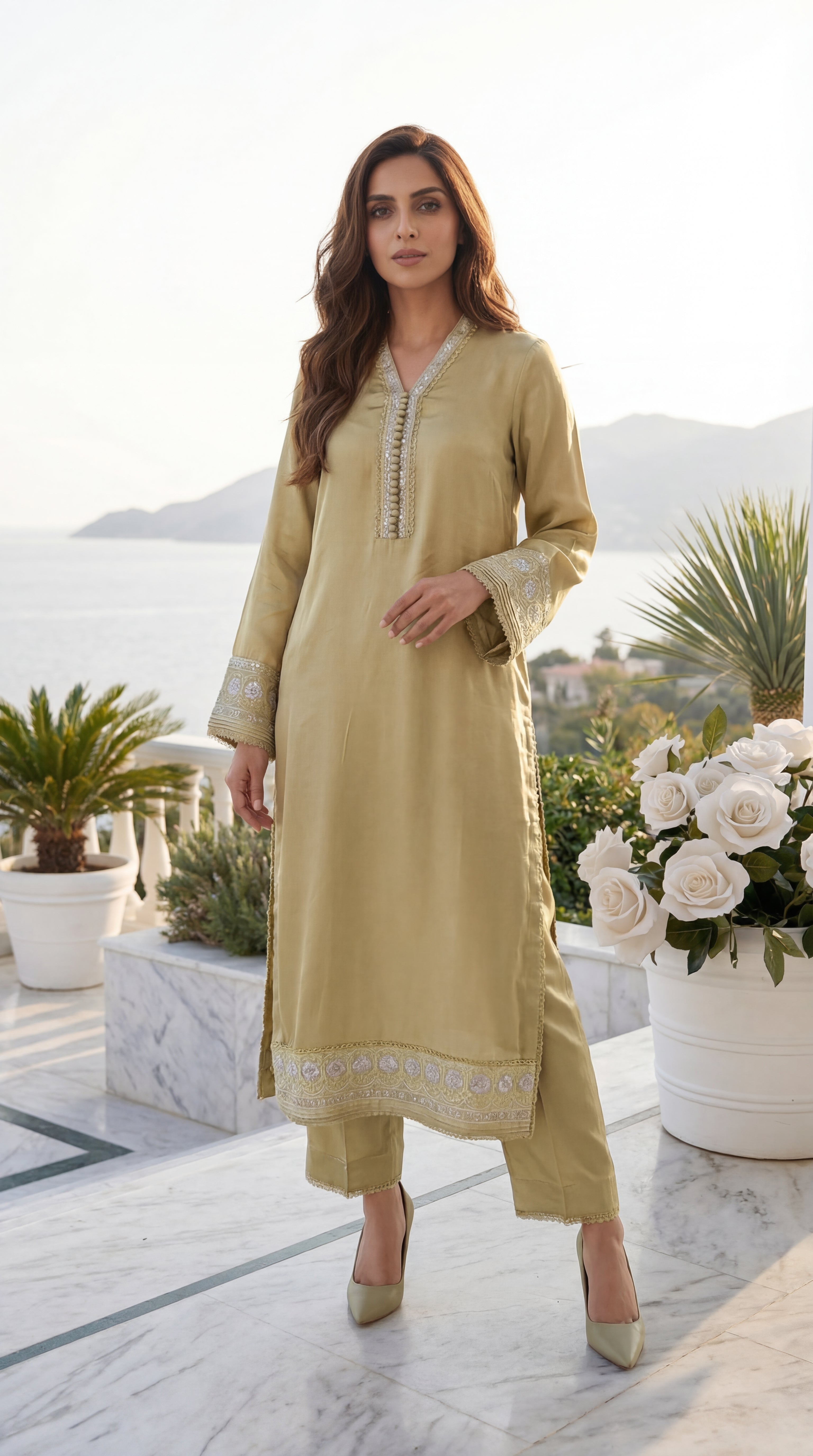 Woman in a light green traditional outfit standing on a terrace with white flowers and plants.
