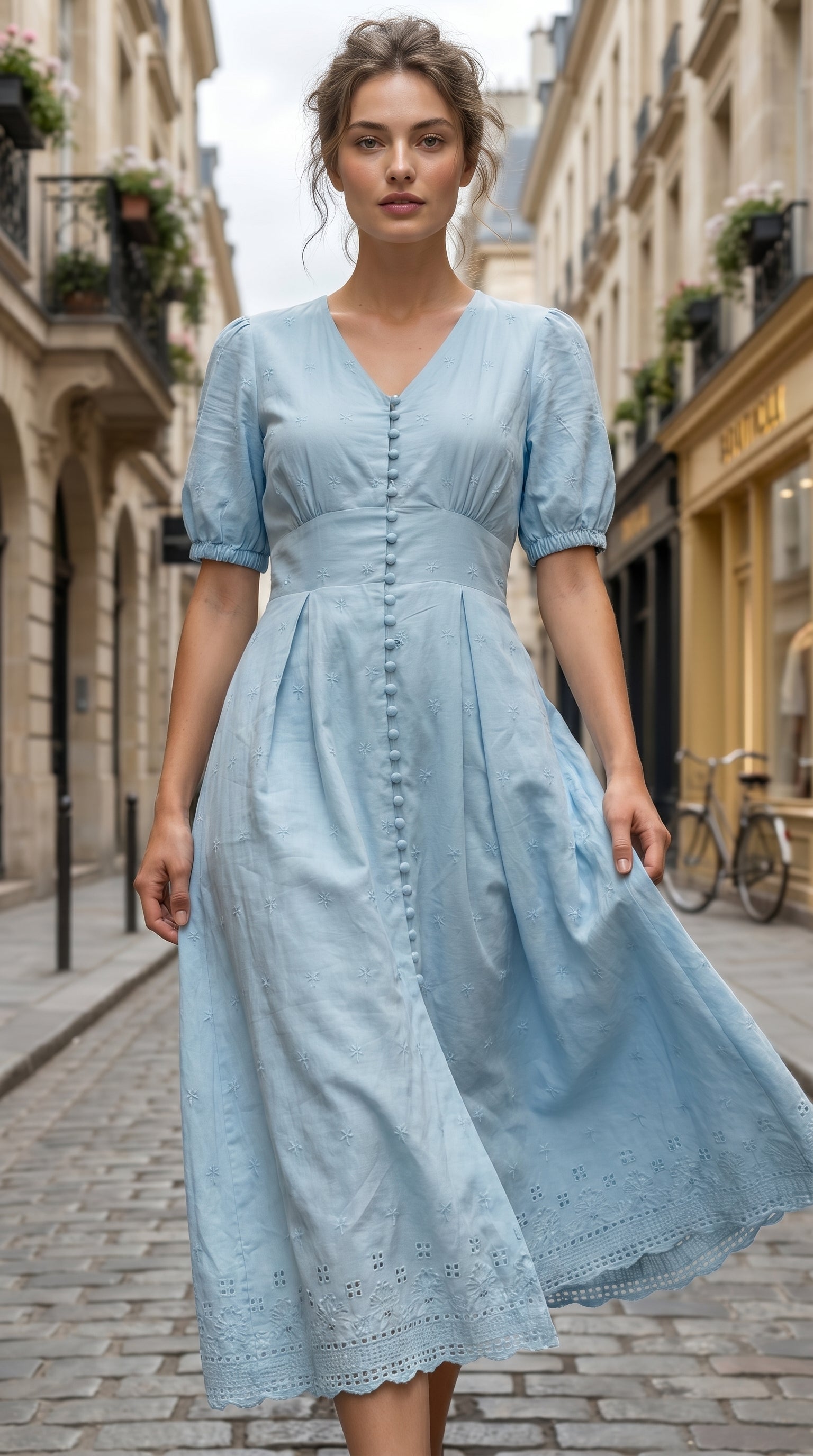 Woman wearing a light blue dress standing on a city street.