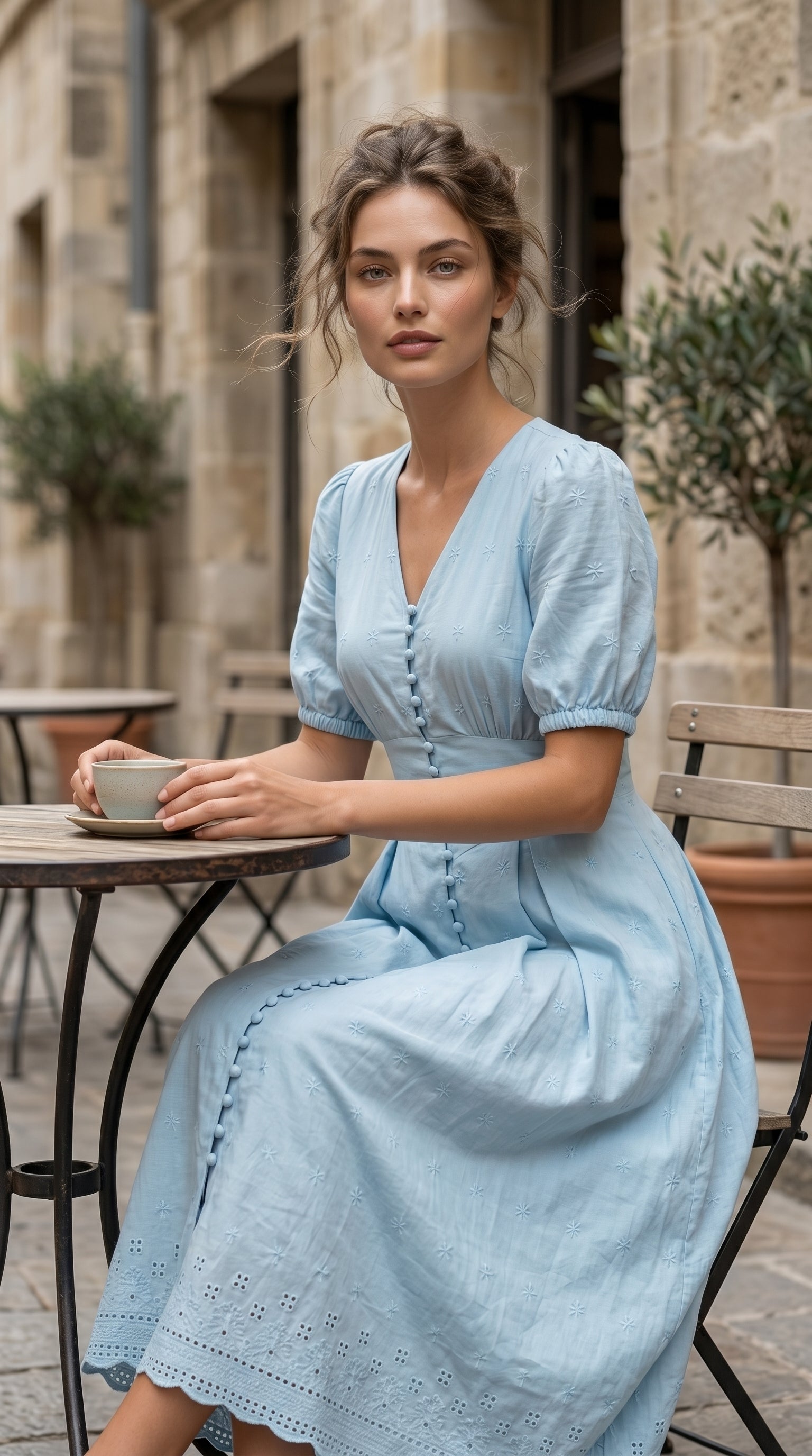 Woman in a light blue dress sitting at an outdoor table.