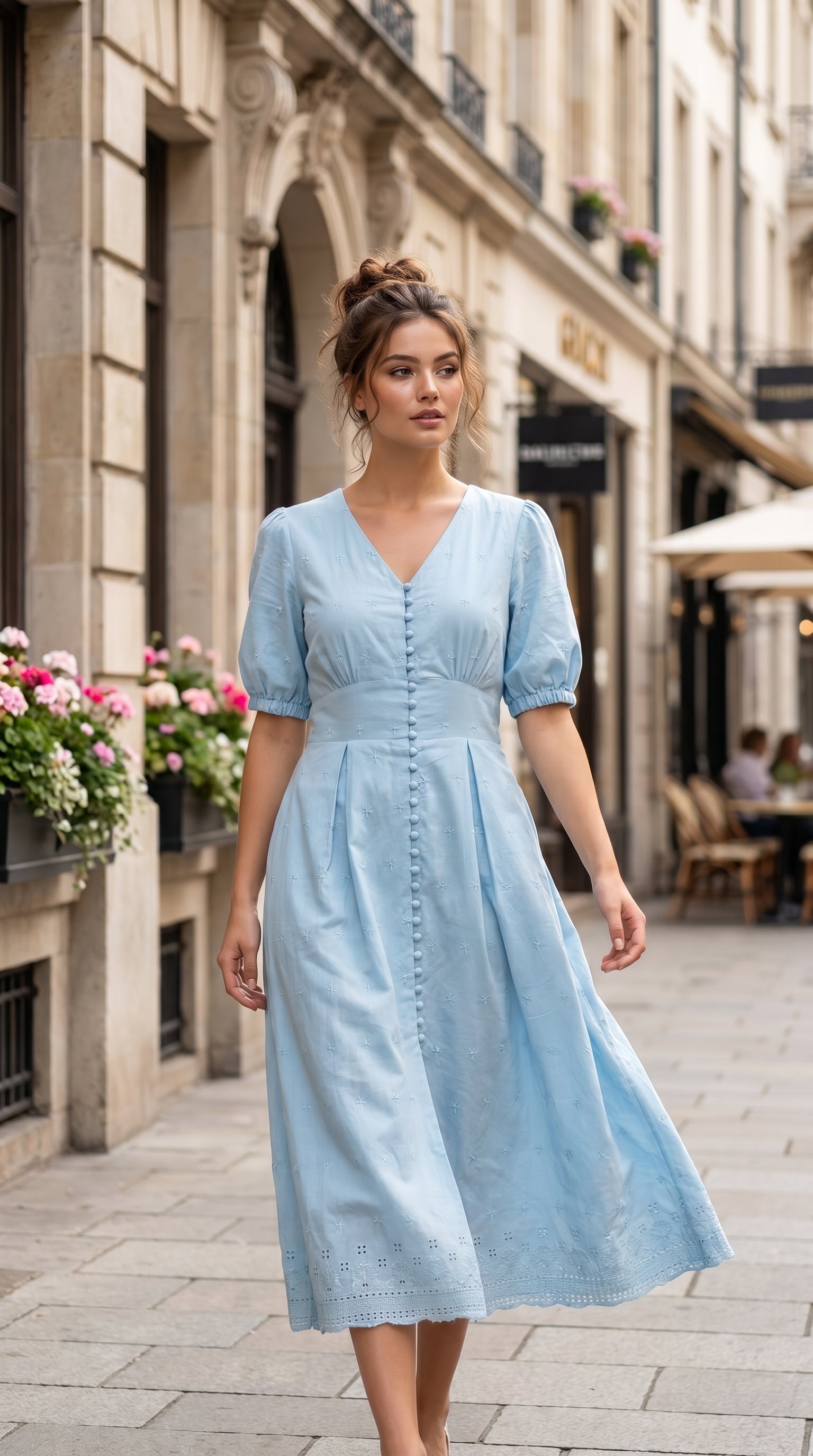 Woman in a light blue dress walking on a city street with buildings and flowers in the background