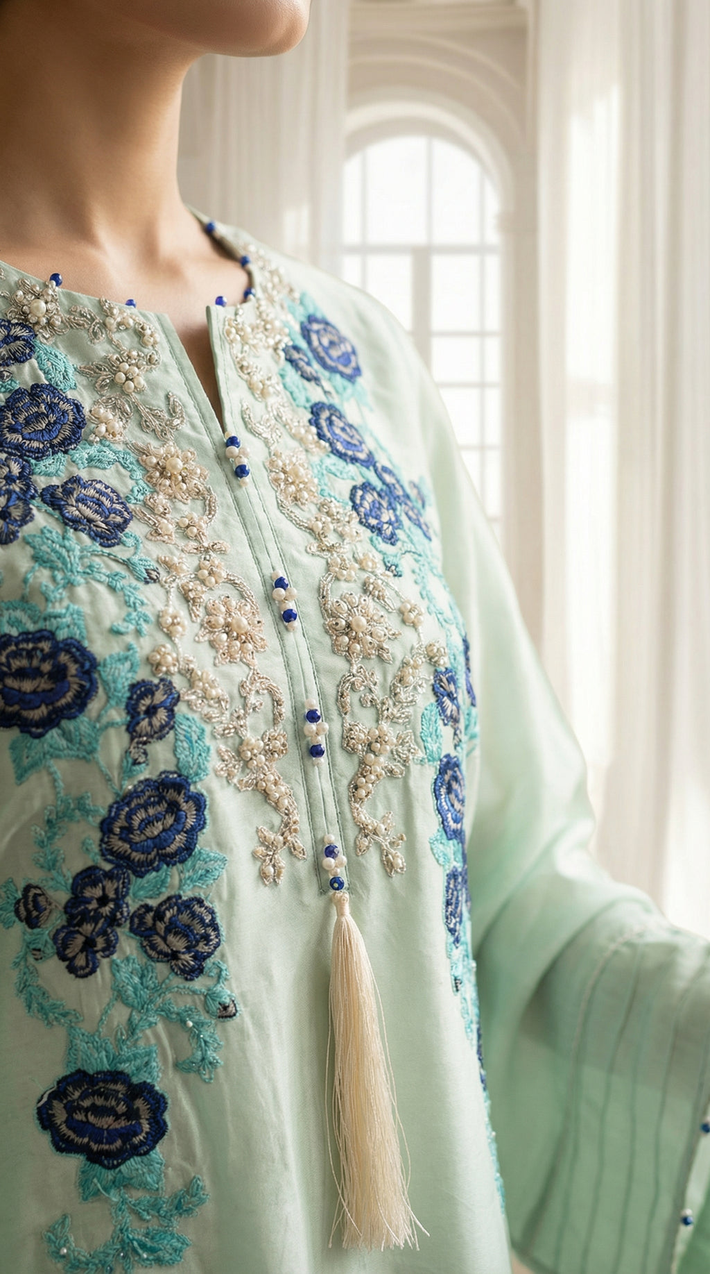 Light green embroidered garment with blue floral patterns and tassels, worn by a person.