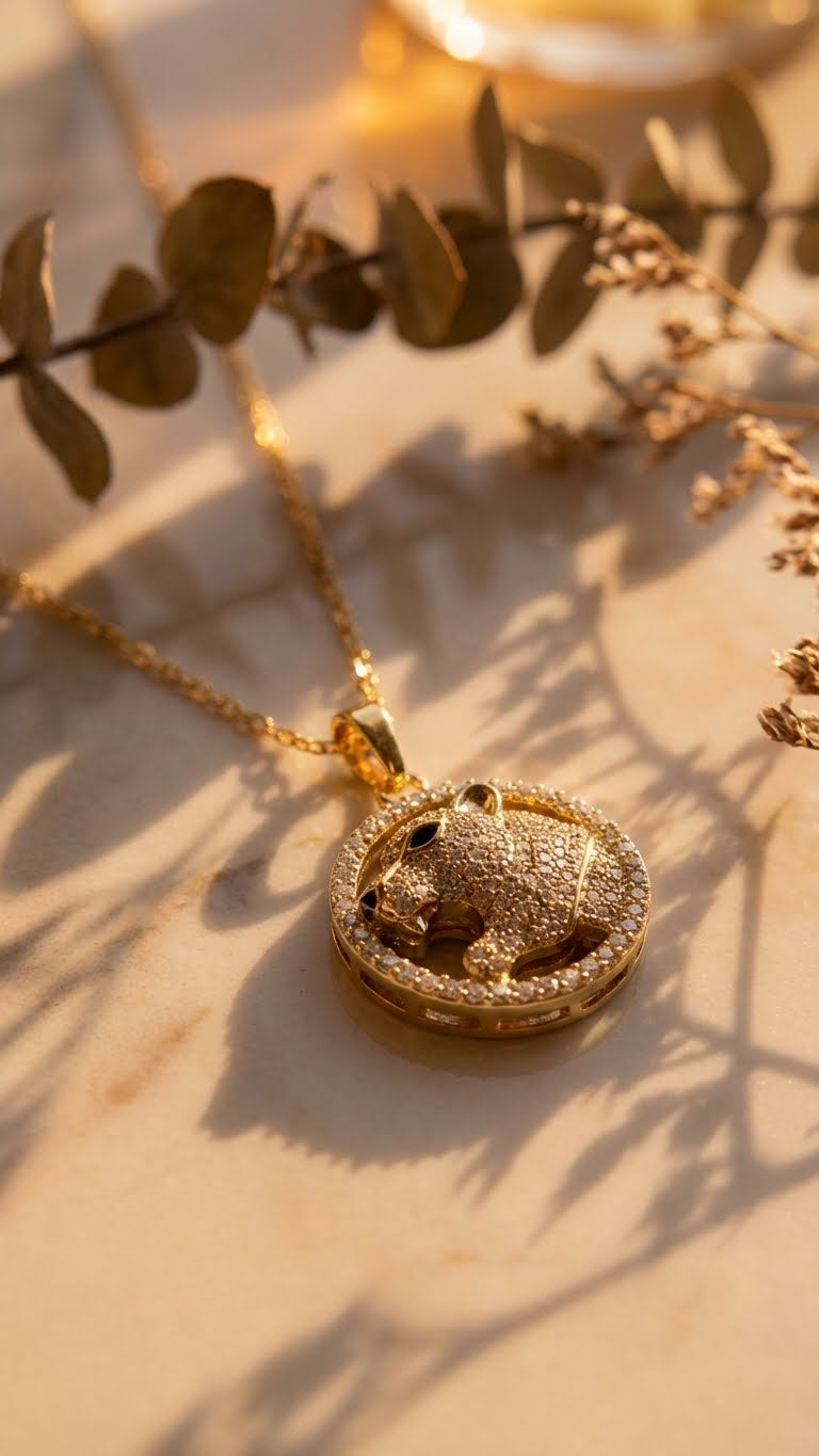 Gold pavé panther pendant with crystal halo

Luxury panther medallion necklace close-up

Iced out panther head pendant in gold tone

Animal statement pendant for men and women